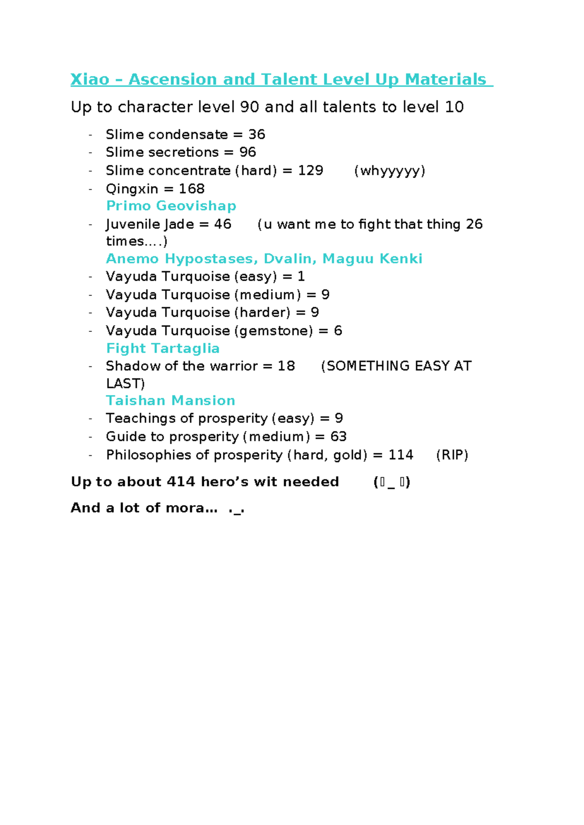 Ascension stuff (xiao) Xiao Ascension and Talent Level Up Materials Up to character level 90