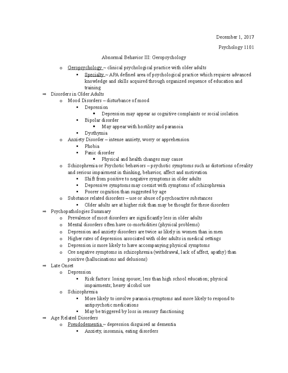 Abnormal Psychology III - December 1, 2017 Psychology 1101 Abnormal ...