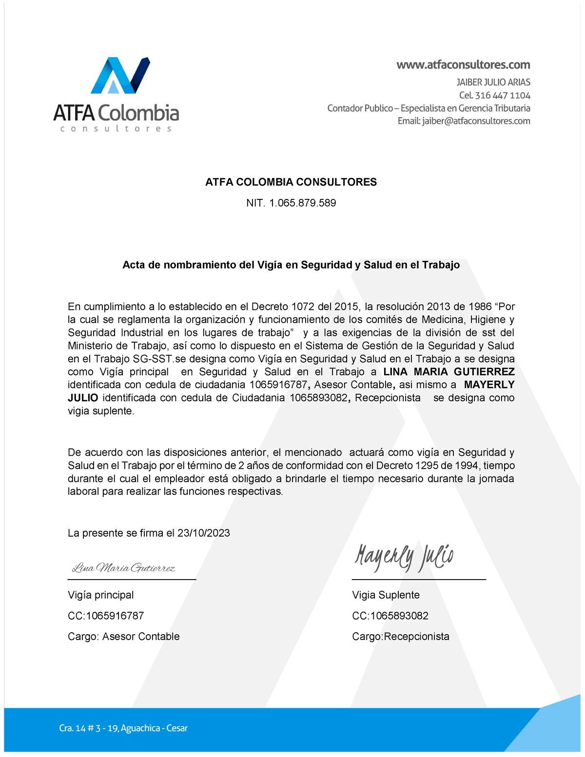 Acta Nombramiento Atfa Copasst Atfa Colombia Consultores Nit 1 065