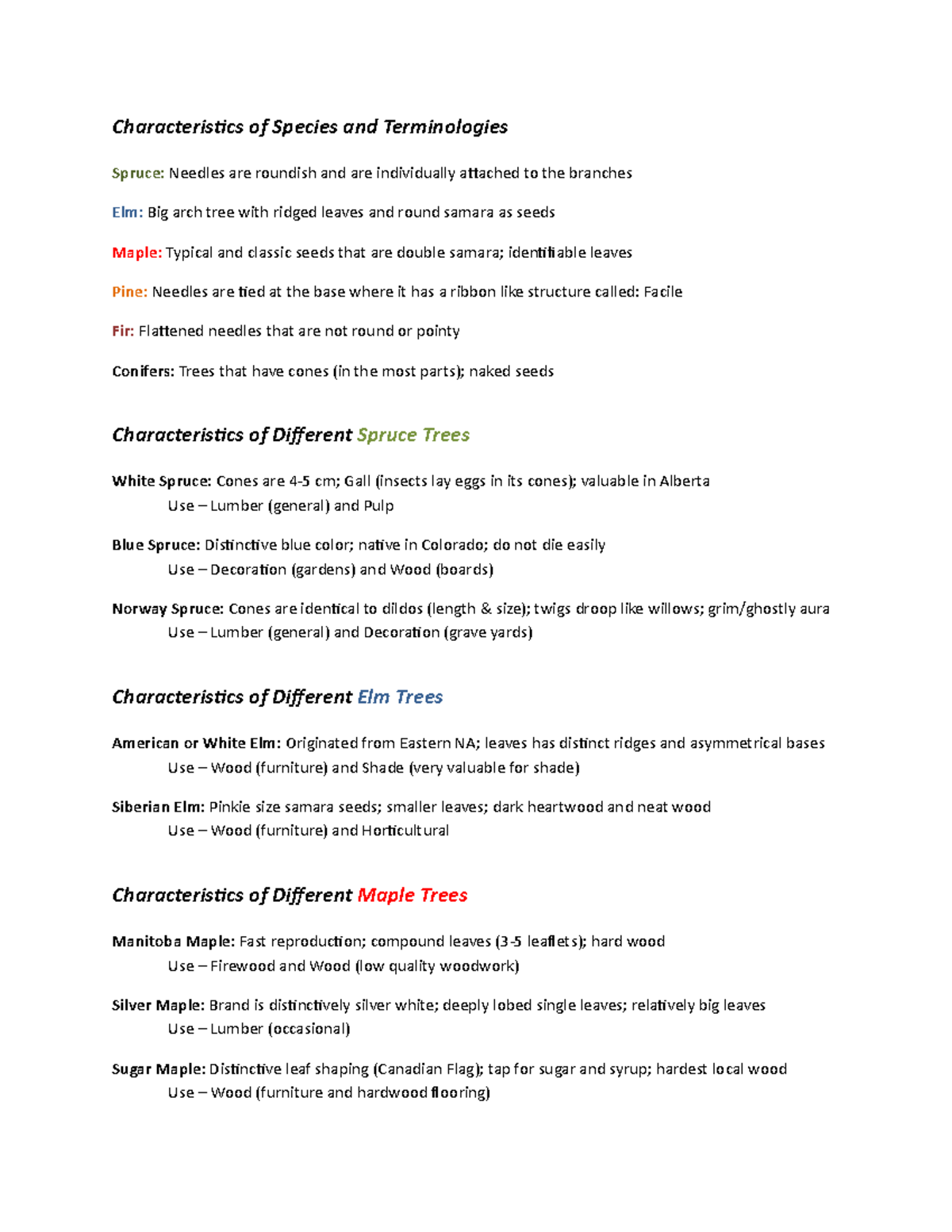 Labs (Compilation) - Tree Identification - Characteristics of Species ...
