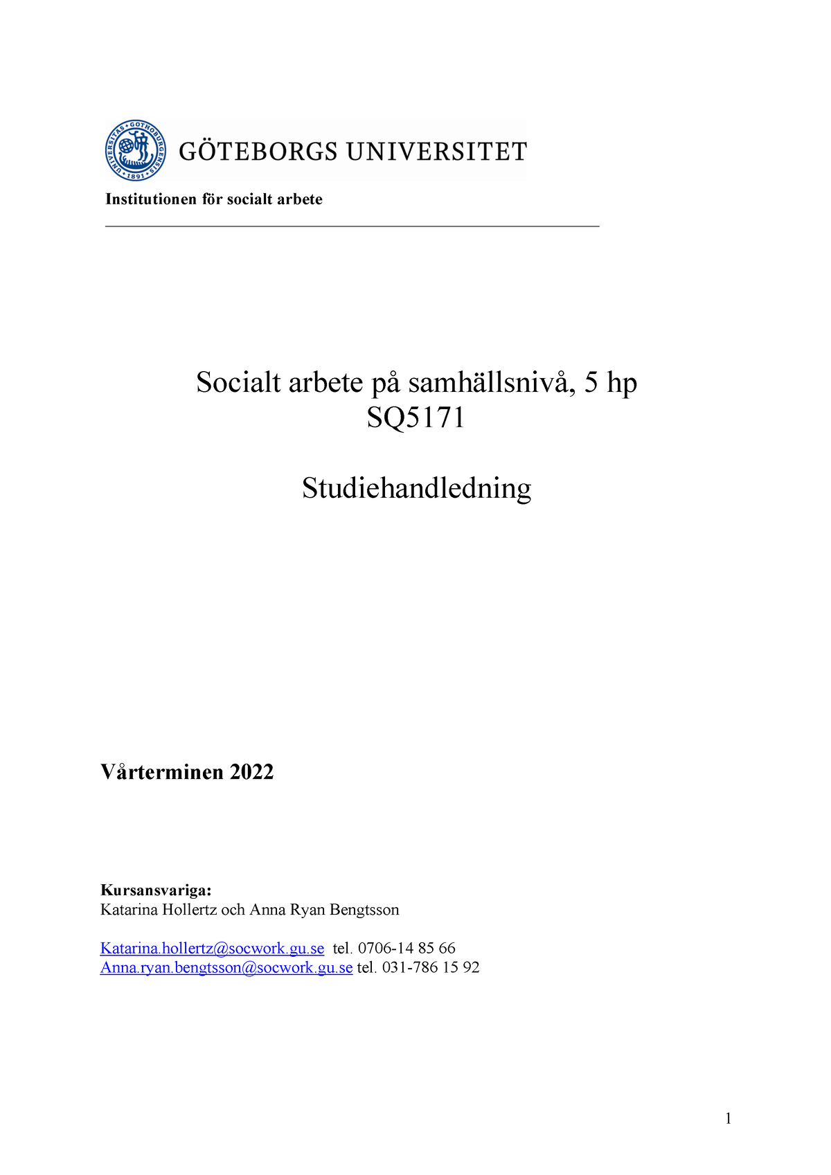 SQ5171 Studieguide Vtt22 - Institutionen För Socialt Arbete Socialt ...