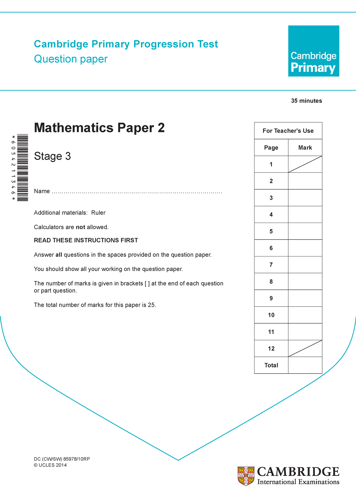 Cambridge Primary Progression Test Stage 3 Mathematics 2014 Paper 2 Question Dc Cwsw 