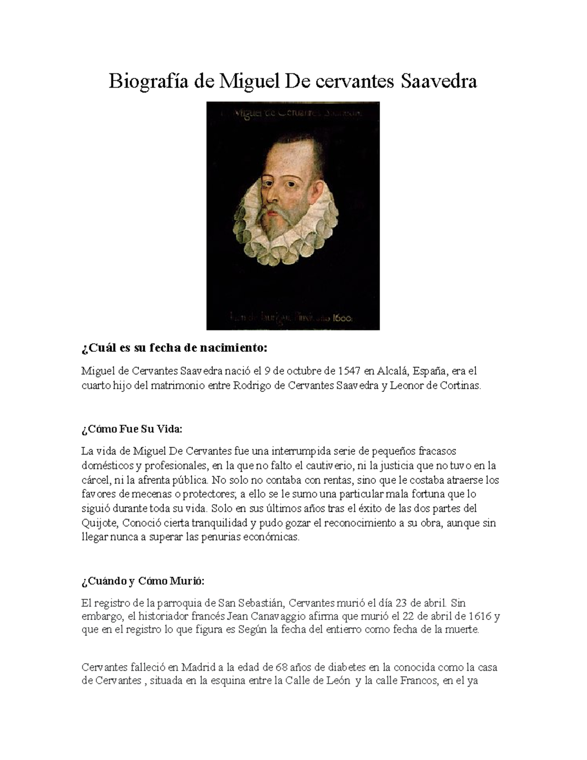 Biografía De Miguel De Cervantes Saavedra - Biografía De Miguel De ...