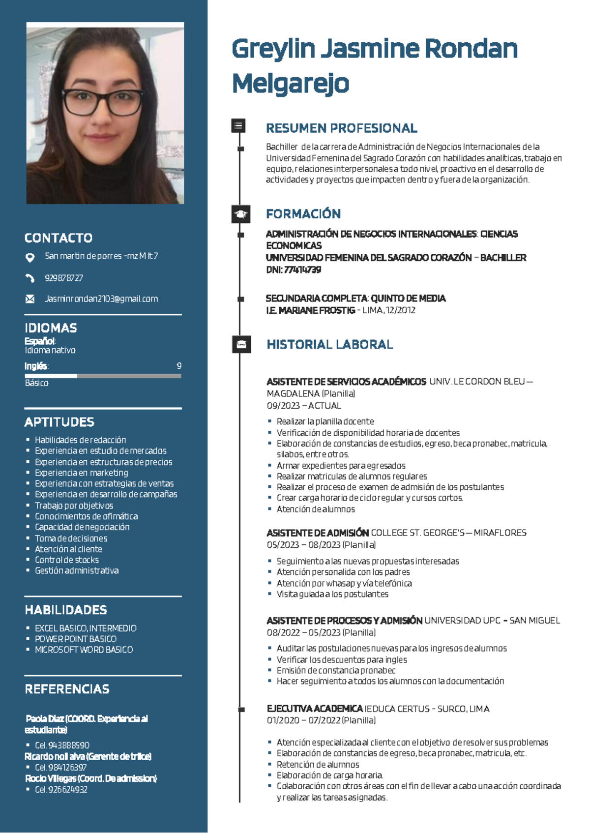 CV - Rondan Melgarejo, Greylin Jasmine - . CONTACTO San martin de ...