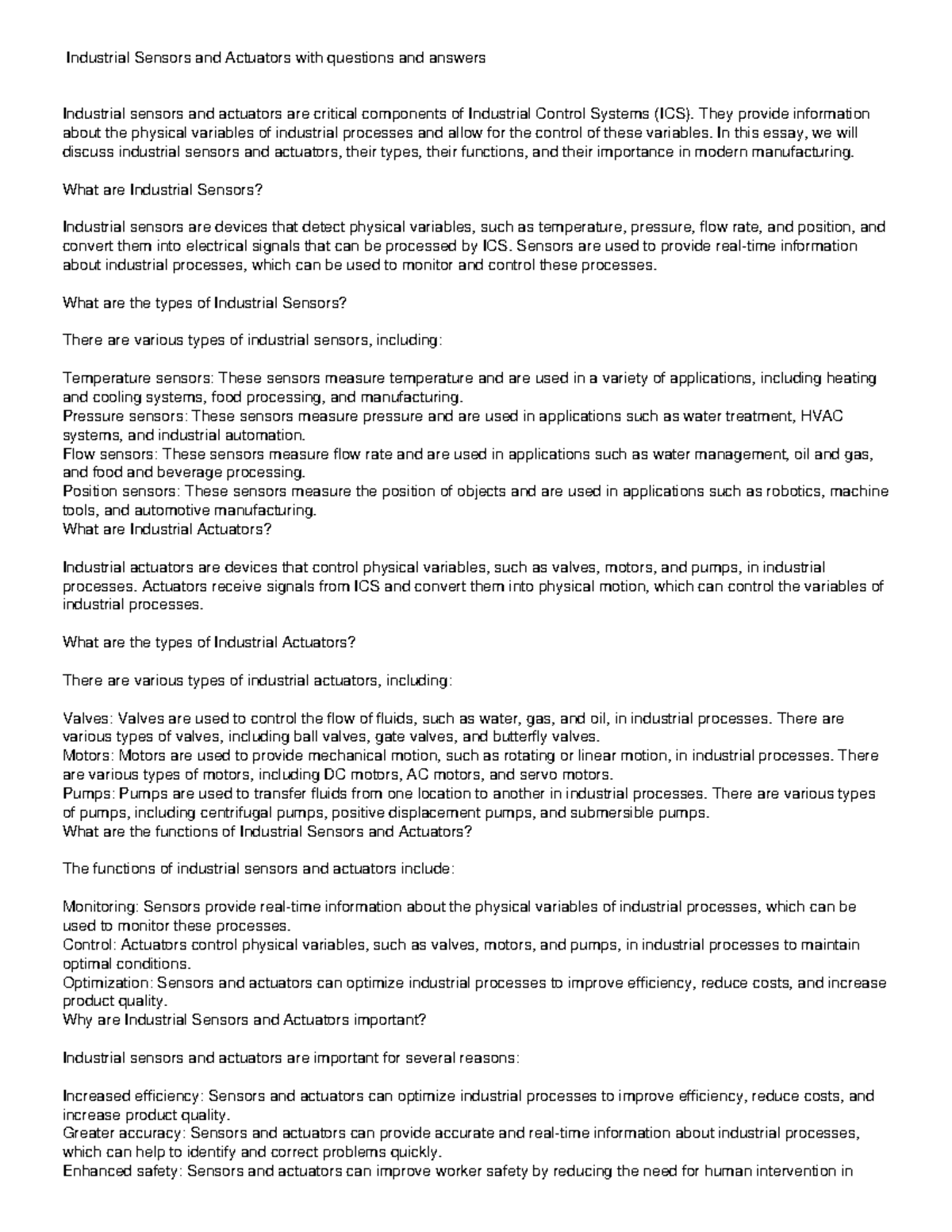 Industrial Sensors And Actuators They Provide Information About The