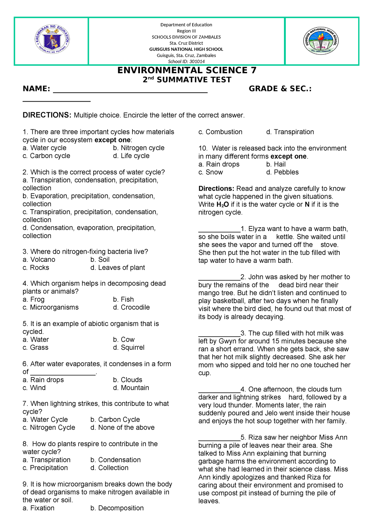 ENVI SCI 2nd Summative - ENVIRONMENTAL SCIENCE 7 2 Nd SUMMATIVE TEST ...