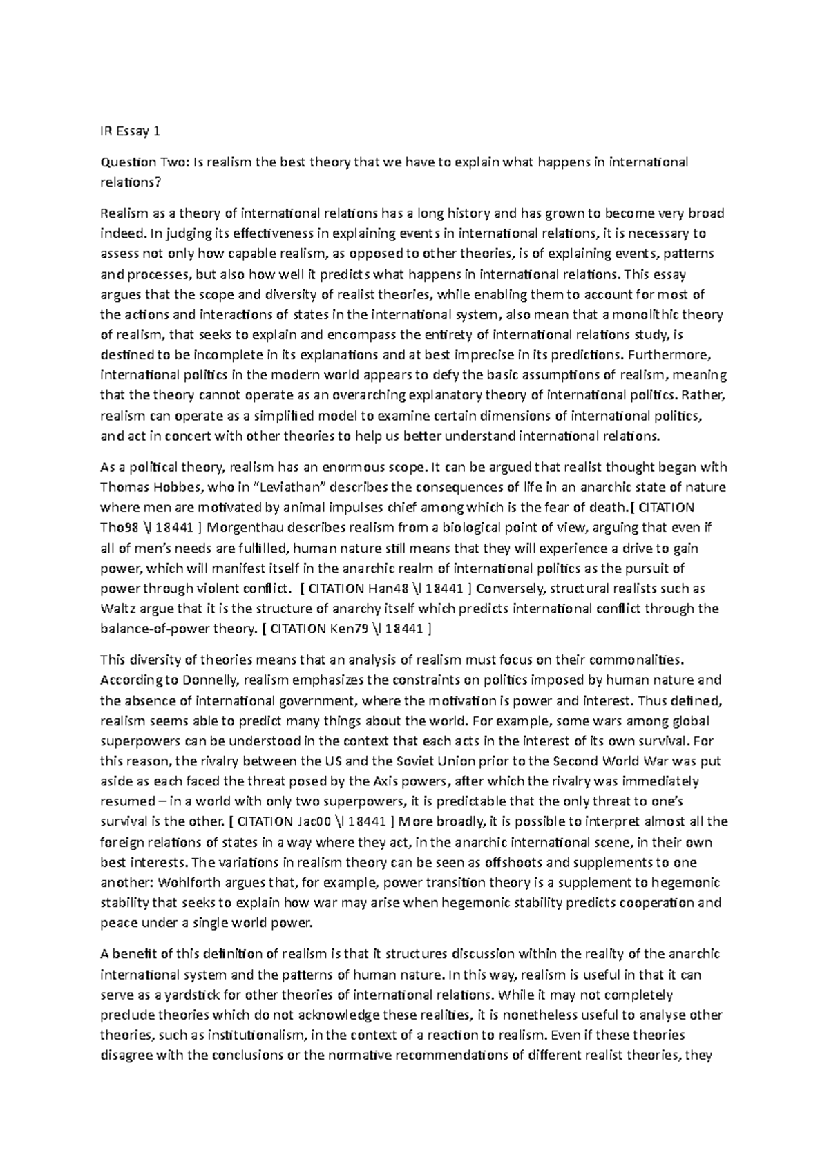 IR essay 1 - Grade: A+ - IR Essay 1 Question Two: Is realism the best ...