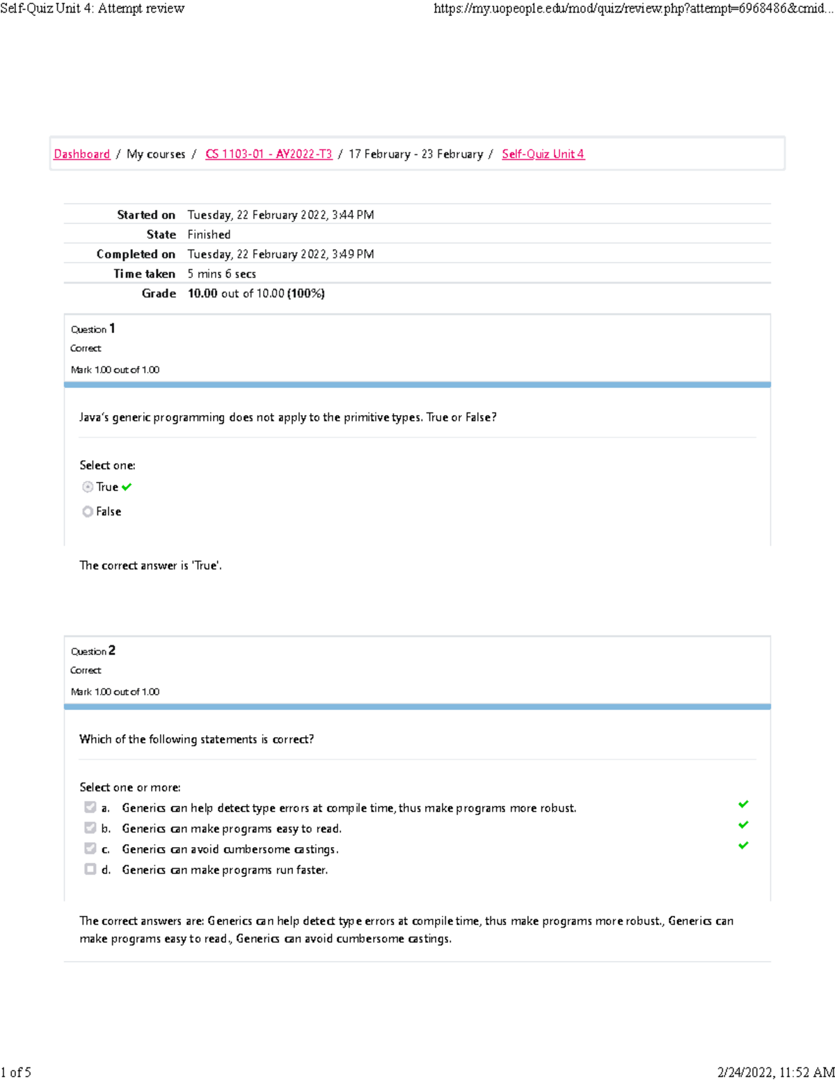 Self-Quiz Unit 4 Attempt Review - Started On Tuesday, 22 February 2022 ...