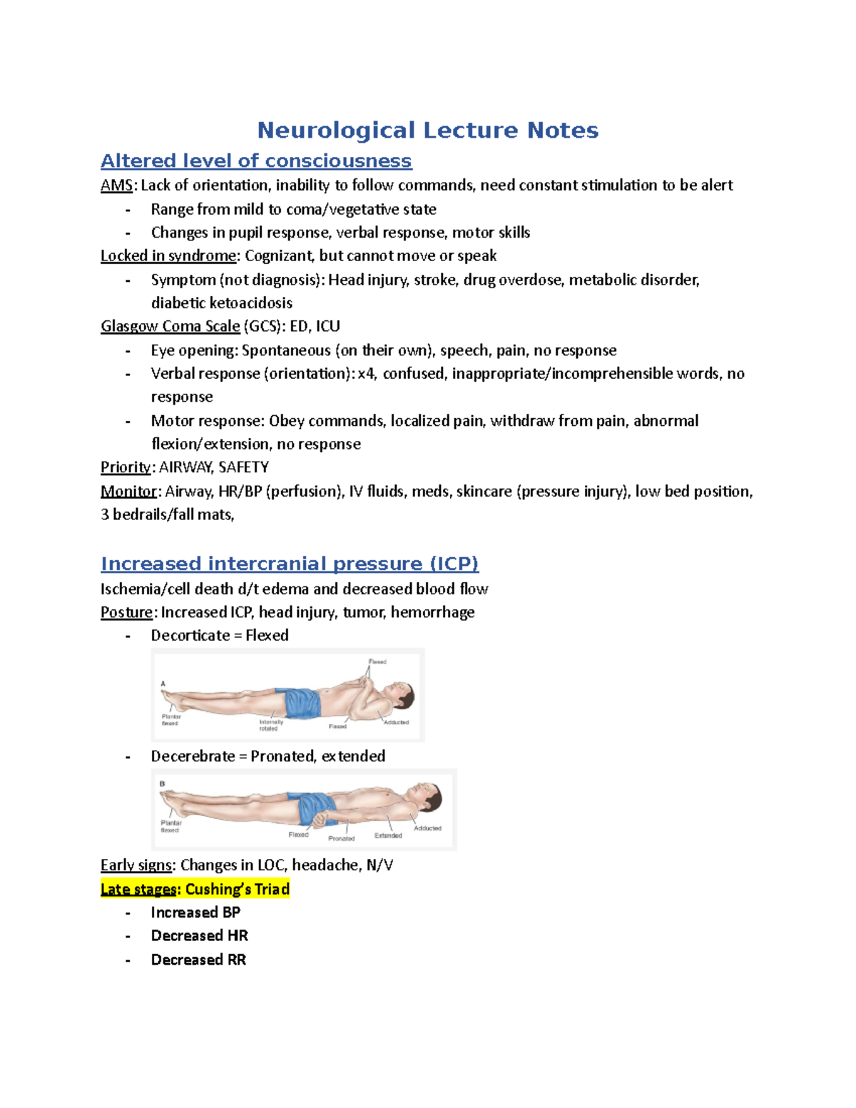 Neurological Lecture Notes - Neurological Lecture Notes Altered level ...