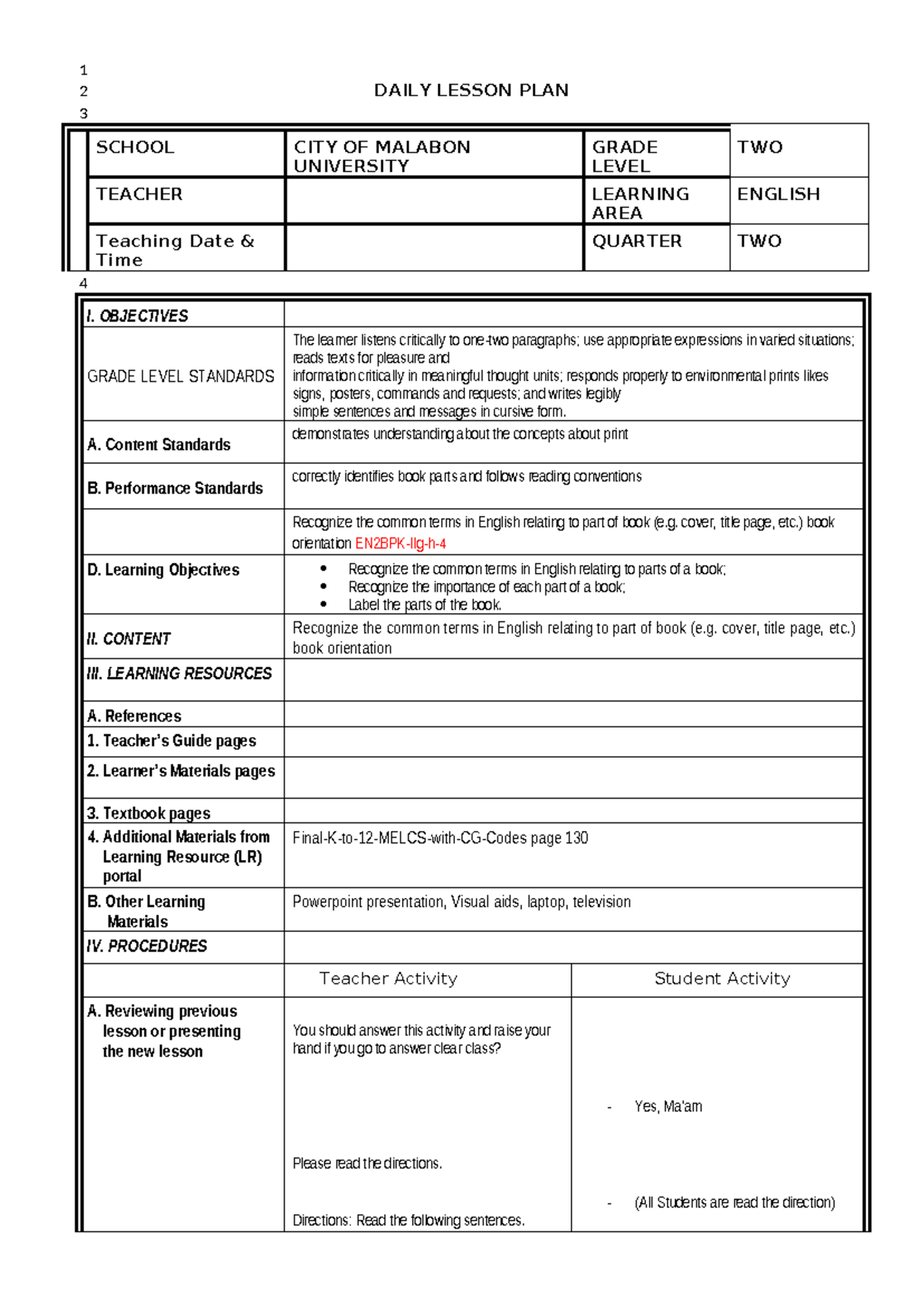 Daily Lesson PLAN - Summary Bachelor in elementary education - DAILY ...