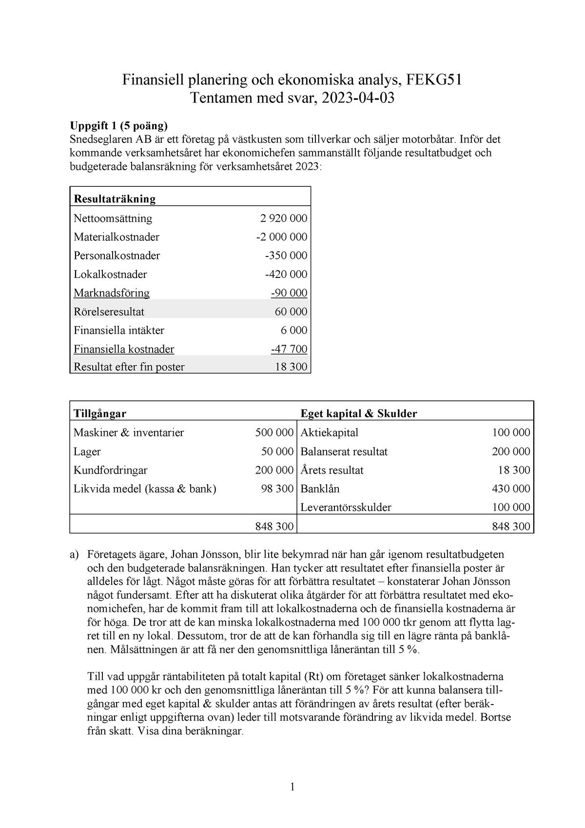 Tentamen Med Svar VT23 - Finansiell Planering Och Ekonomiska Analys ...