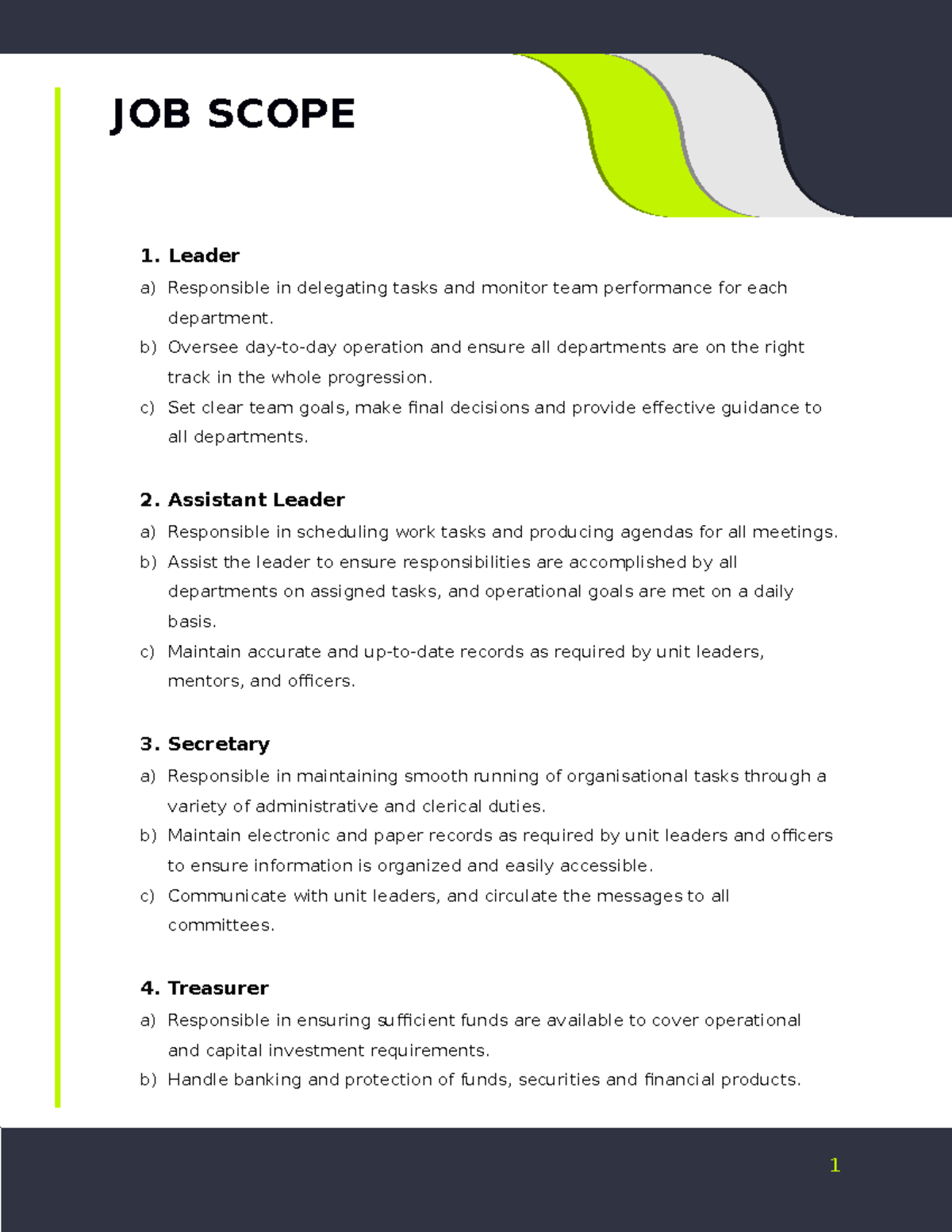 Job Scope JOB SCOPE 1 A Responsible In Delegating Tasks And Monitor 