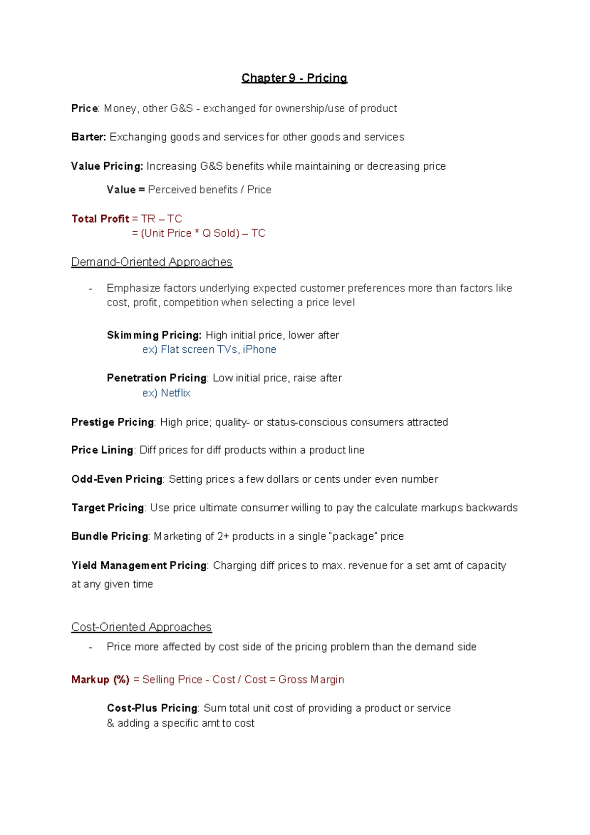 Chapter 9 - Pricing - Chapter 9 - Pricing P rice : Money, other G&S ...