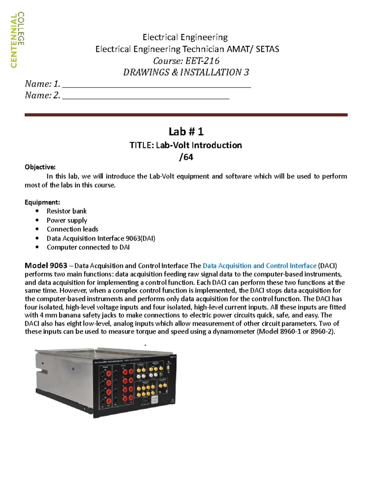 EET-216 LAB # 1 -DONE - Eet - ` Electrical Engineering Electrical ...