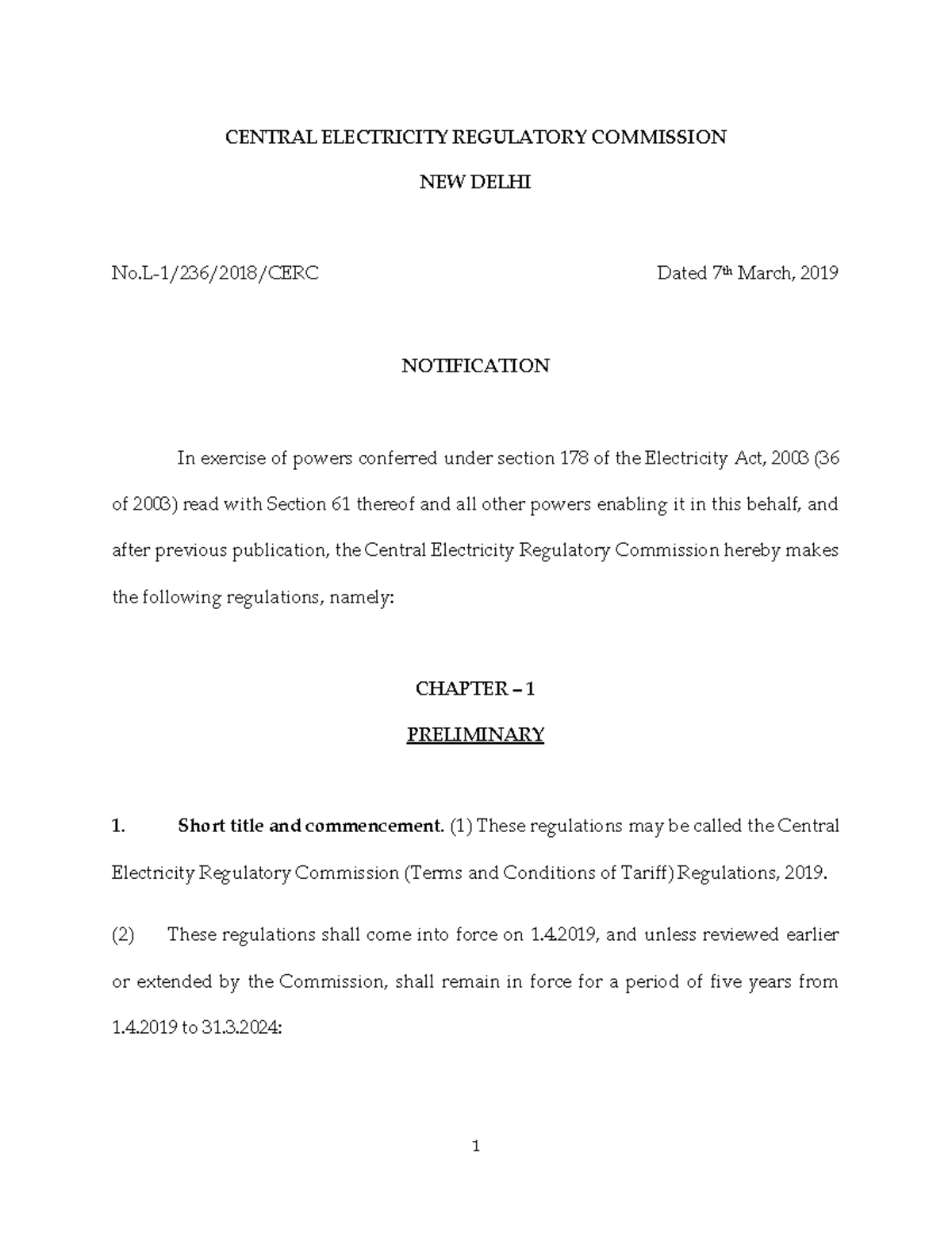 Tariff Regulations2019 CENTRAL ELECTRICITY REGULATORY COMMISSION NEW