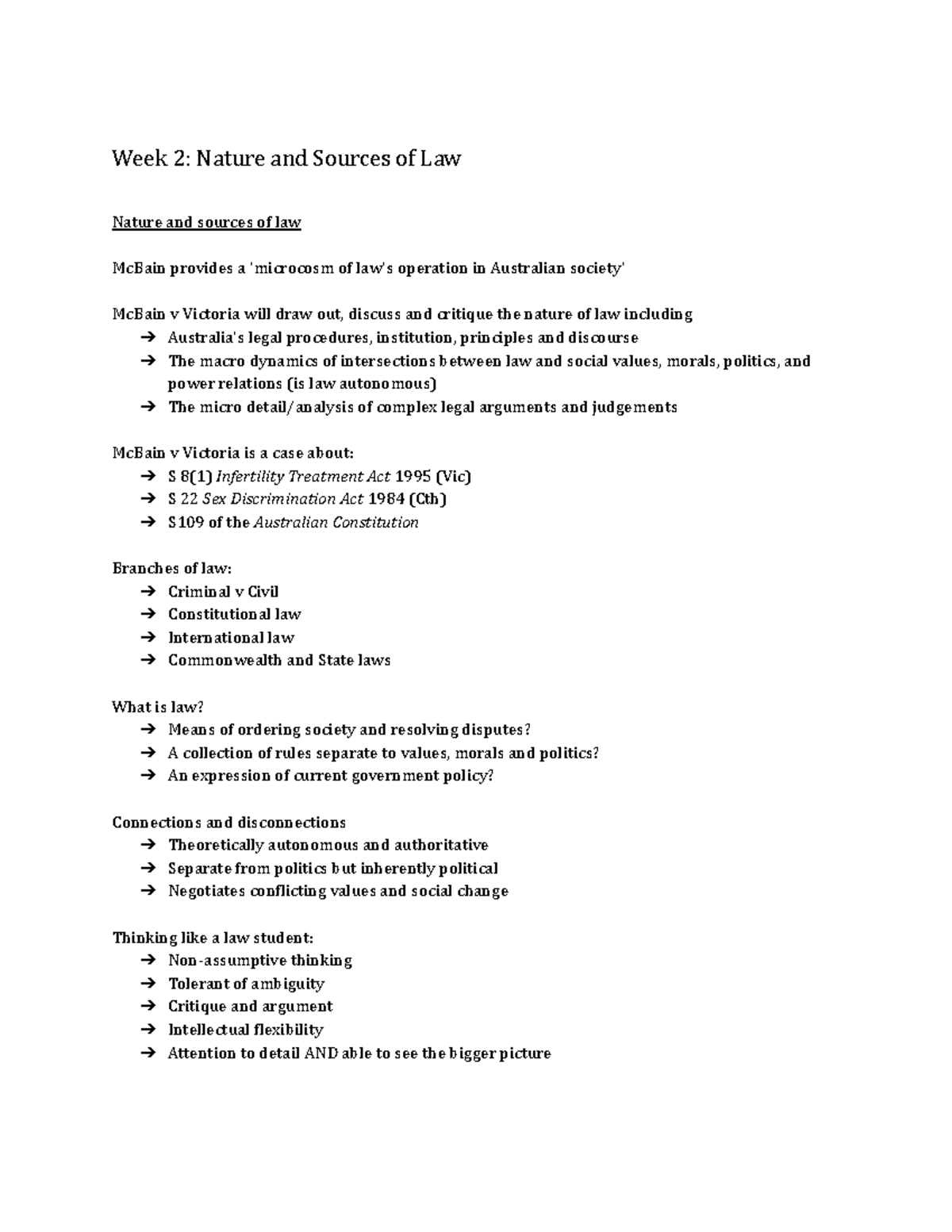 Foundations summary - Week 2: Nature and Sources of Law Nature and ...
