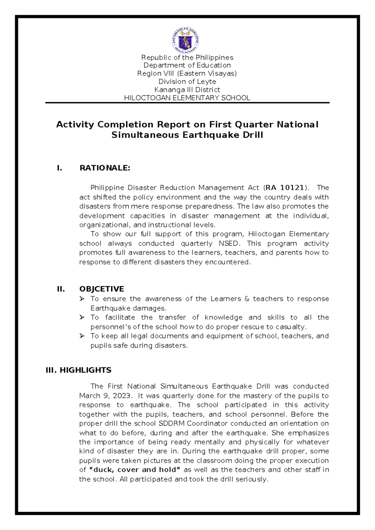 ACR NSED first Quarter March 9 2023 - Republic of the Philippines ...