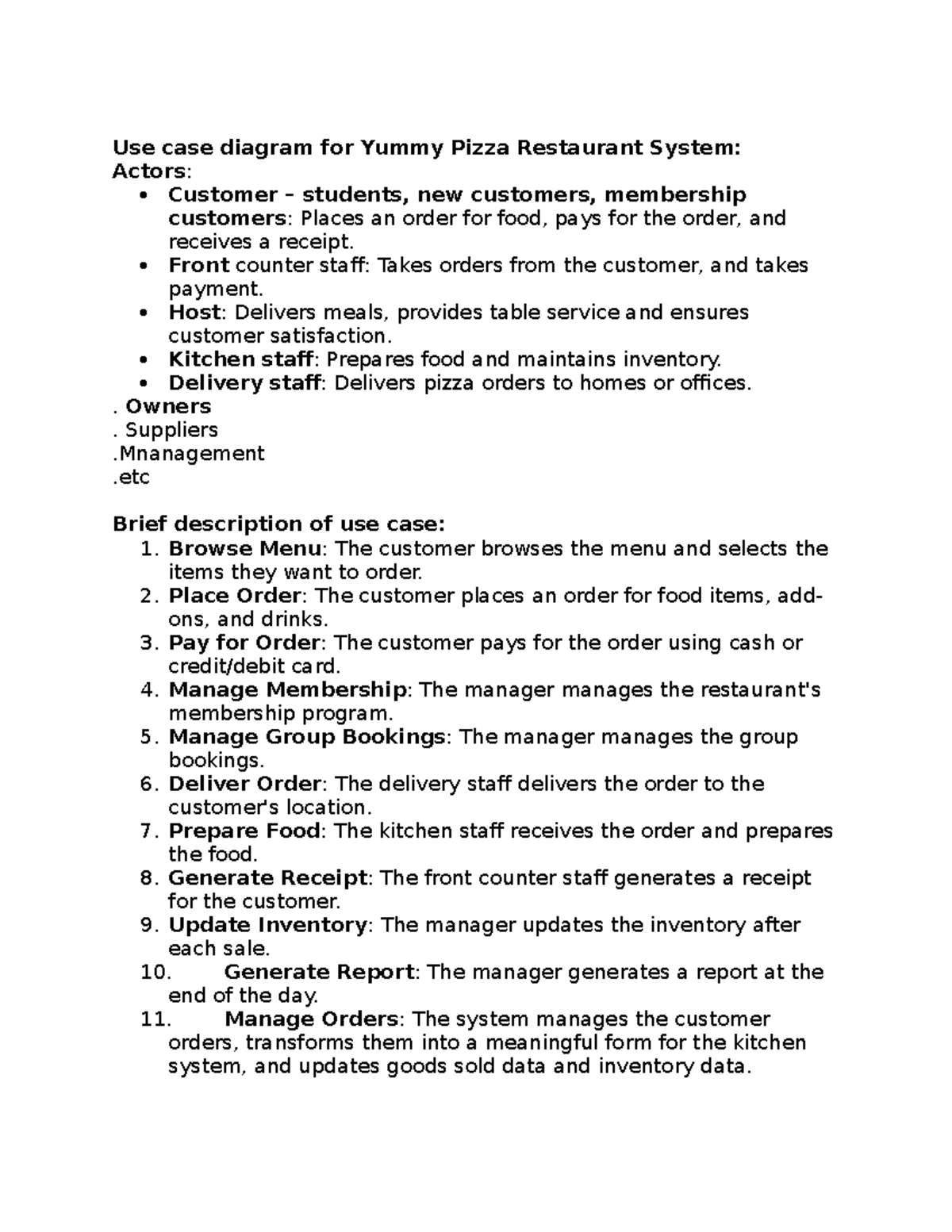 Draft - Use case diagram for Yummy Pizza Restaurant System - Use case ...