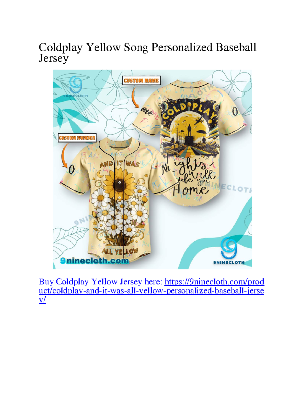 Coldplay Yellow Song Personalized Baseball Jersey - IBUS 300 - Coldplay ...