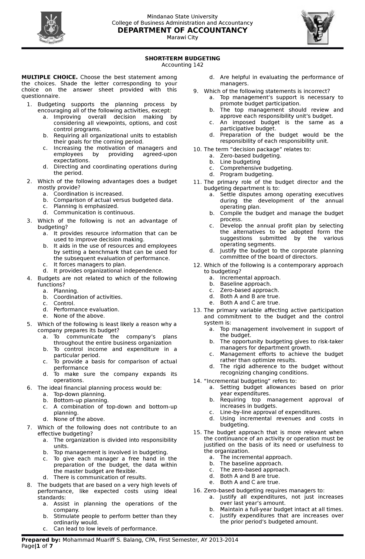 13 Short Term Budgeting Theory Mindanao State University College Of Business Administration