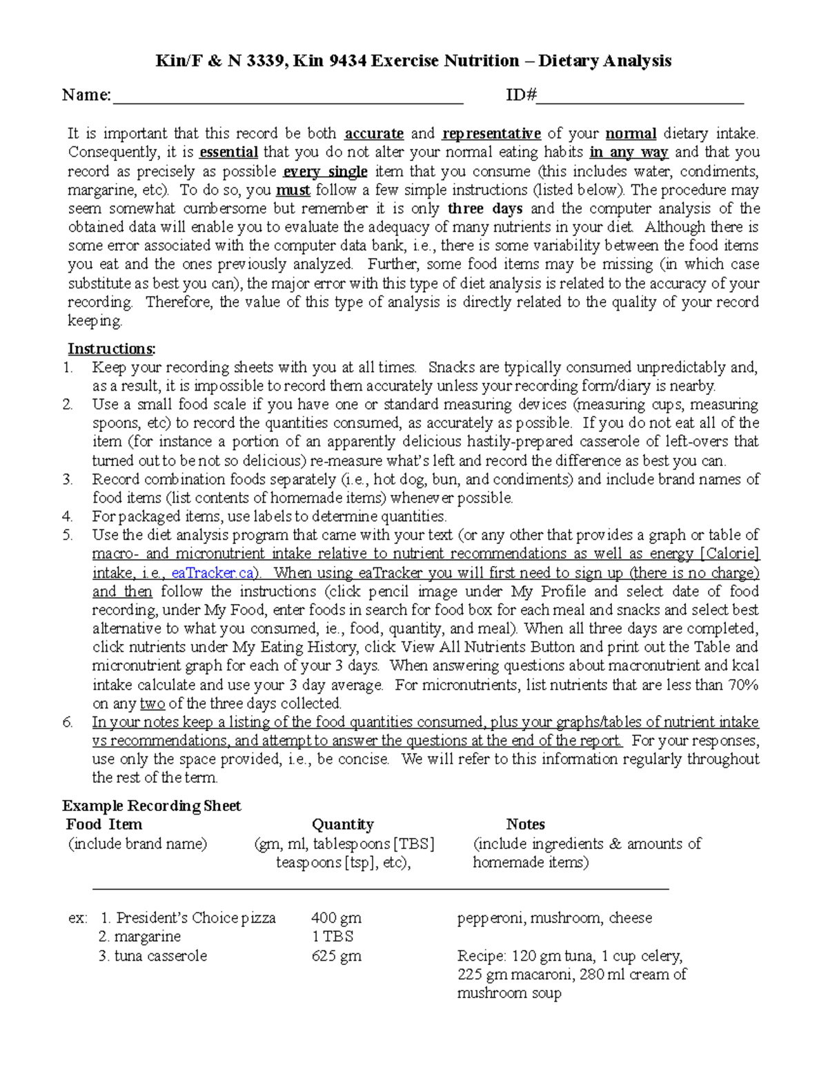 dietary analysis assignment