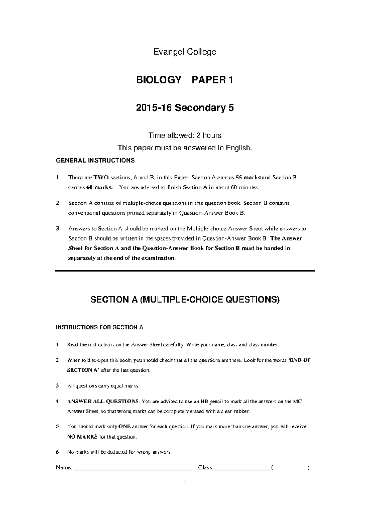 1516T2S5 BIO QA - DSE Biology mock paper - Evangel College BIOLOGY ...