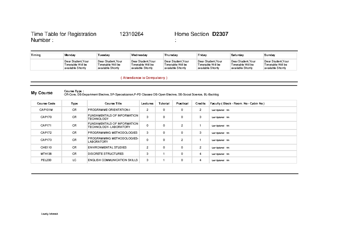 Rpt Time Table Student - Timing Monday Tuesday Wednesday Thursday ...