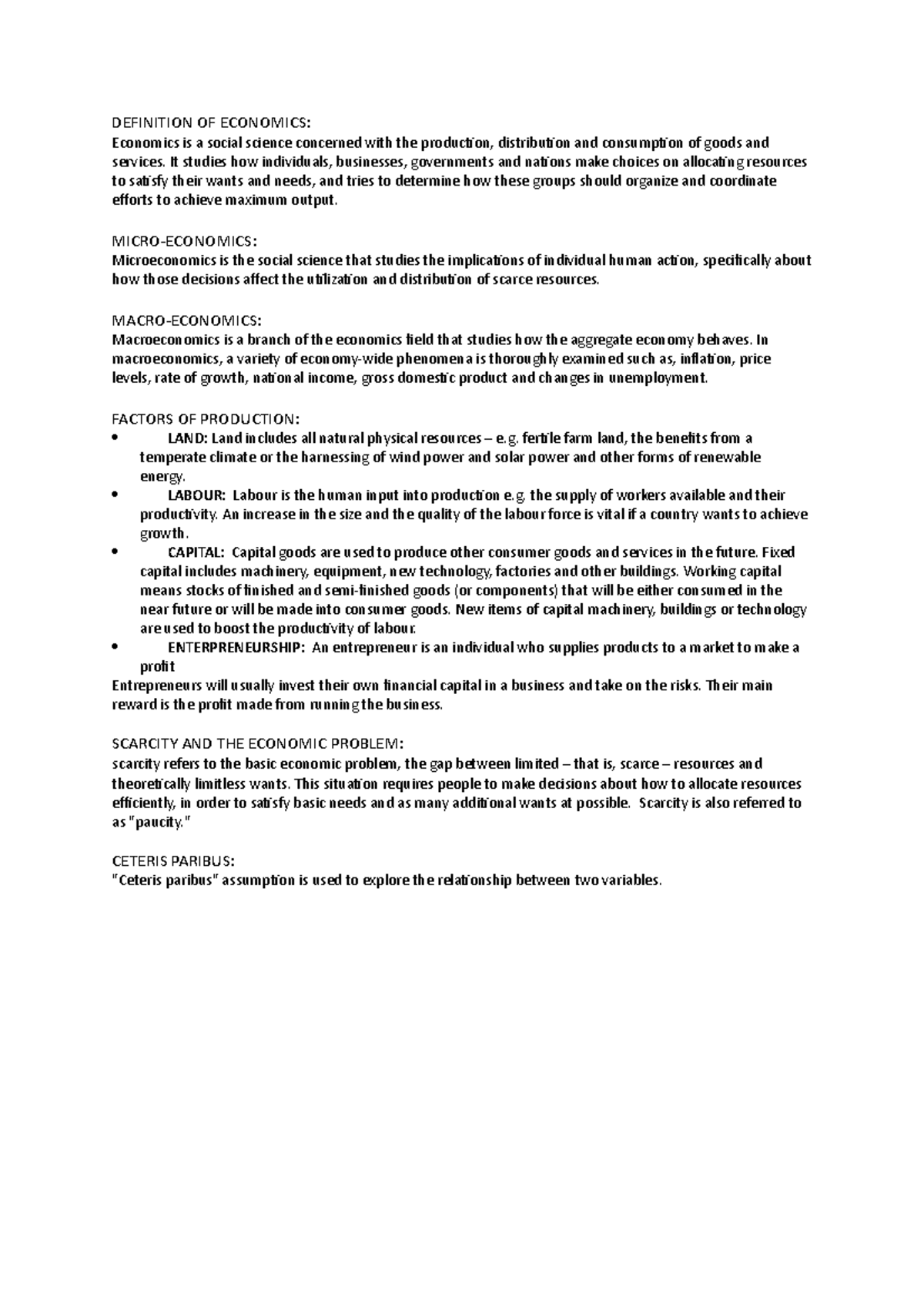 Econ intro - Lecture notes 1 - DEFINITION OF ECONOMICS: Economics is a ...