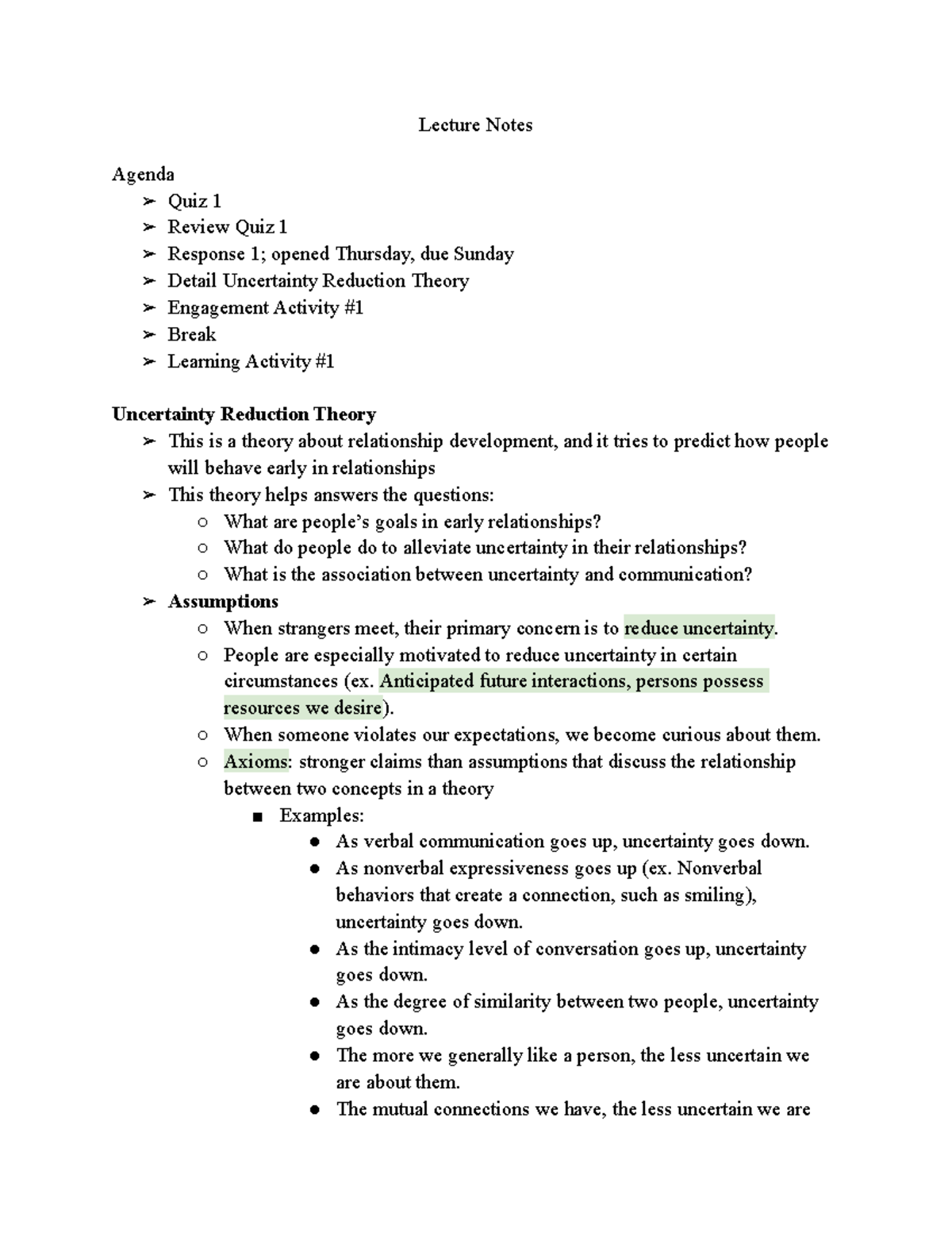 1 - lecture notes from class - Lecture Notes Agenda Quiz 1 Review Quiz ...