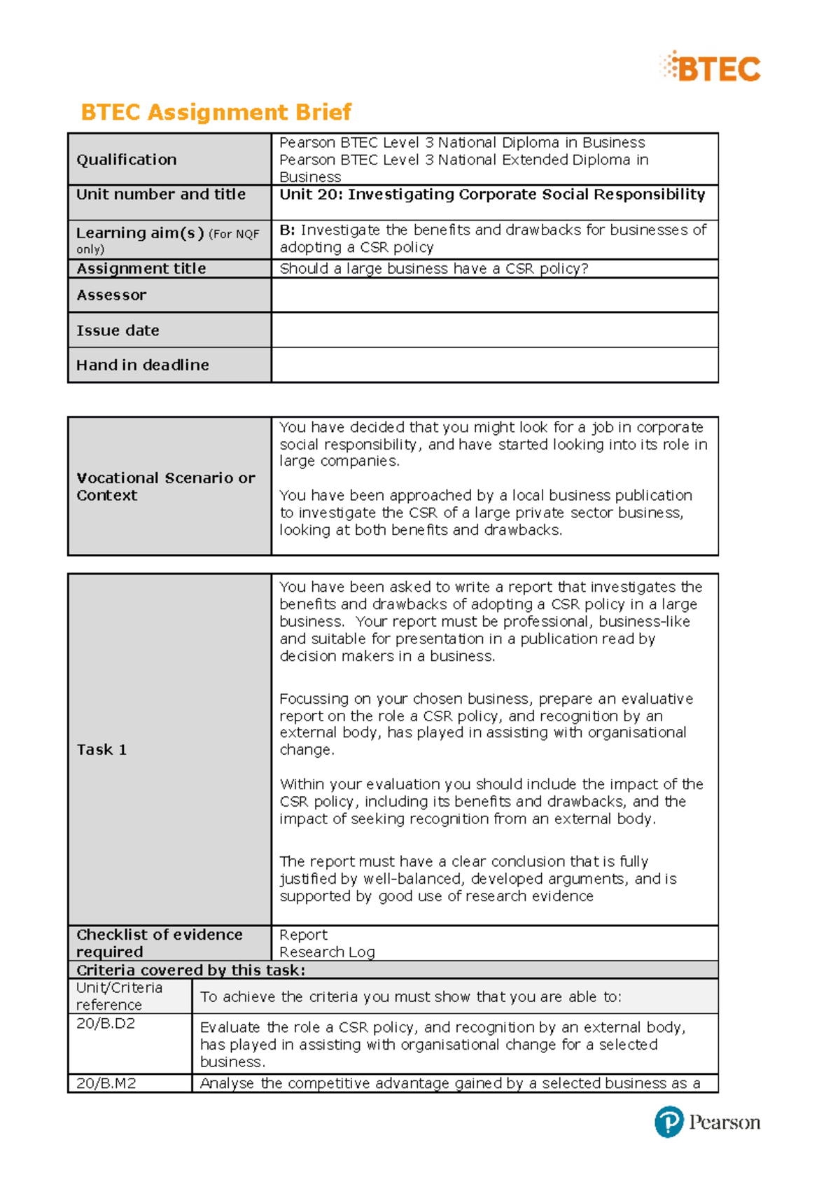 Unit 20 Authorised Assignment Brief For Learning Aim B Investigating ...