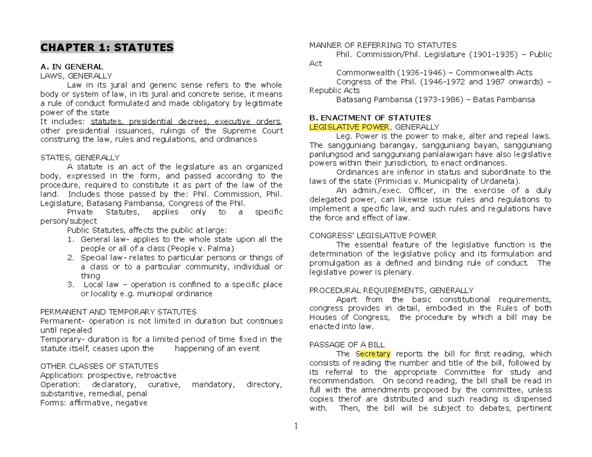 Reviewer Statutory Construction by Ruben Agpalo CHAPTER 1 STATUTES A