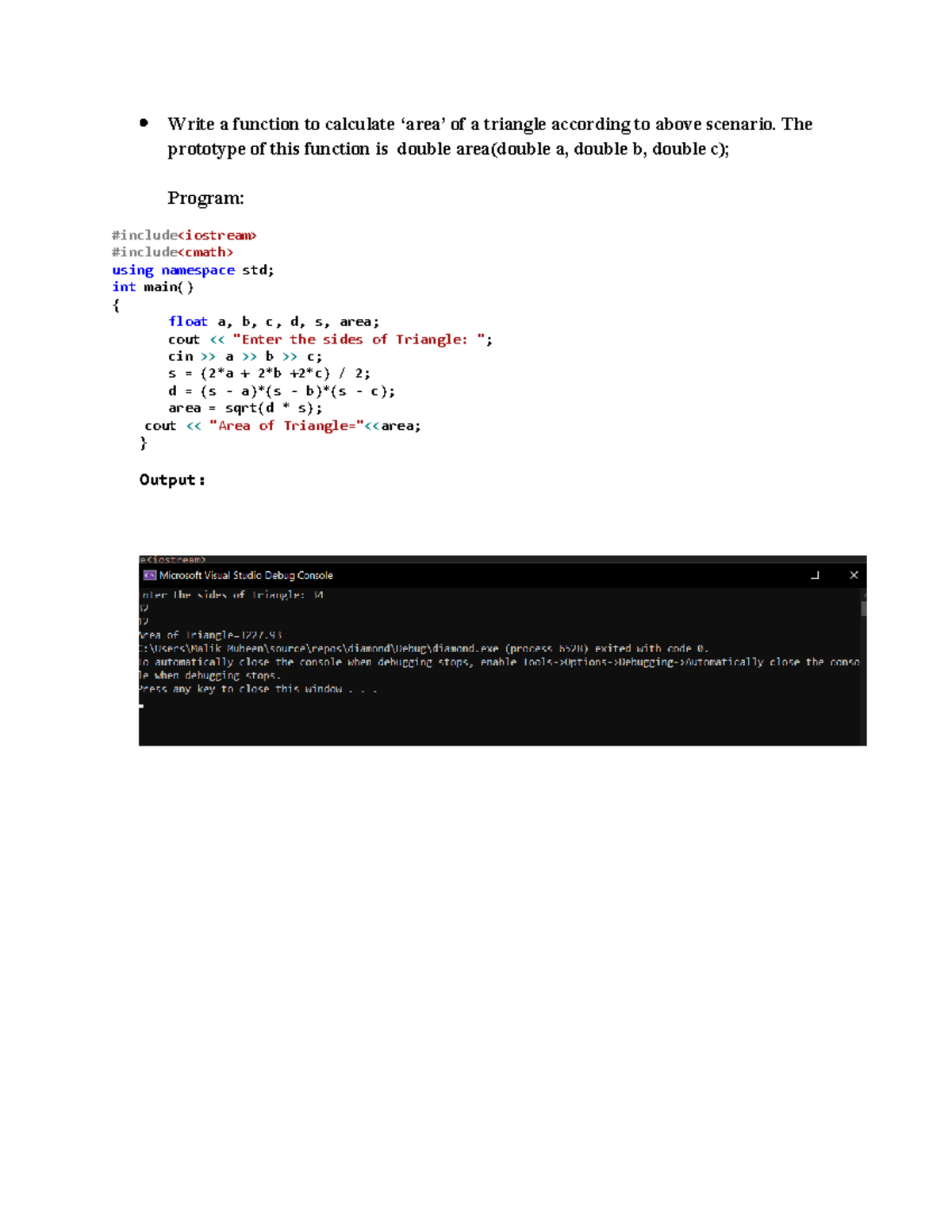 Diamond C++ code - Write a function to calculate ‘area’ of a triangle ...