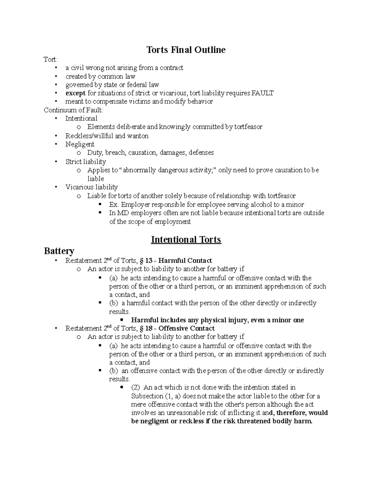 Torts Final Outline Course Overview Torts Final Outline Tort A Civil Wrong Not Arising 7403