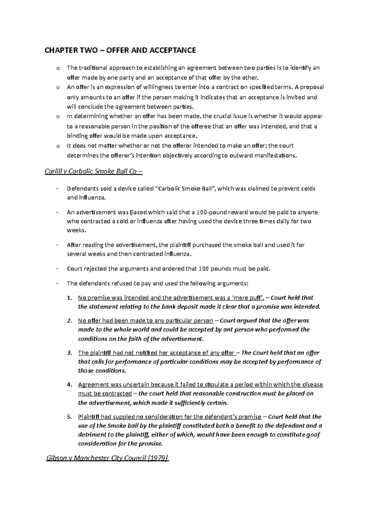 Contract law notes - CHAPTER TWO OFFER AND ACCEPTANCE o o o o The ...