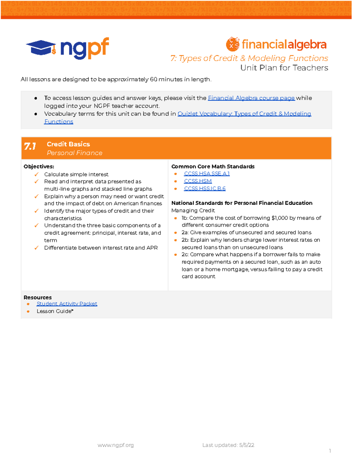 1000018397 Hehnsnnns 7 Types of Credit & Modeling Functions Unit Plan for Teachers All