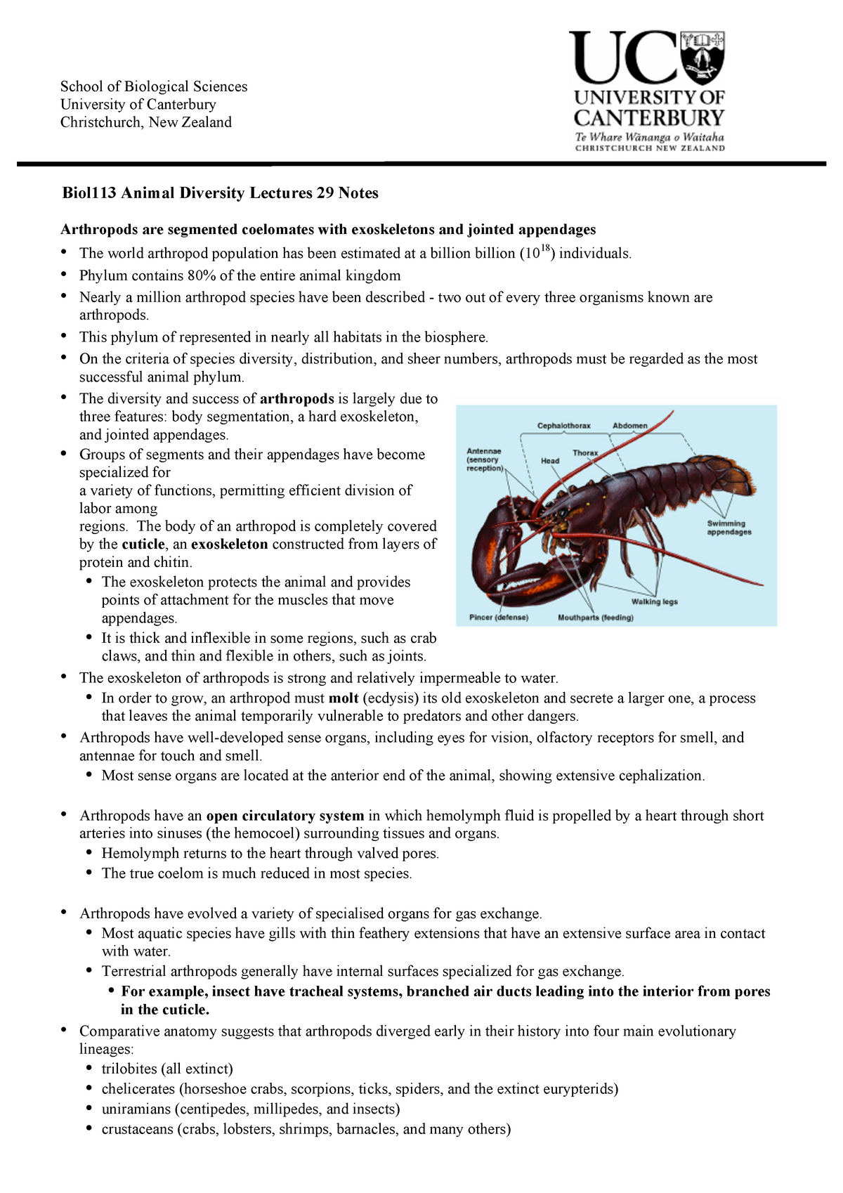 Arthropod lecture notes - Biol113 Animal Diversity Lectures 29 Notes  Arthropods are segmented - Studocu