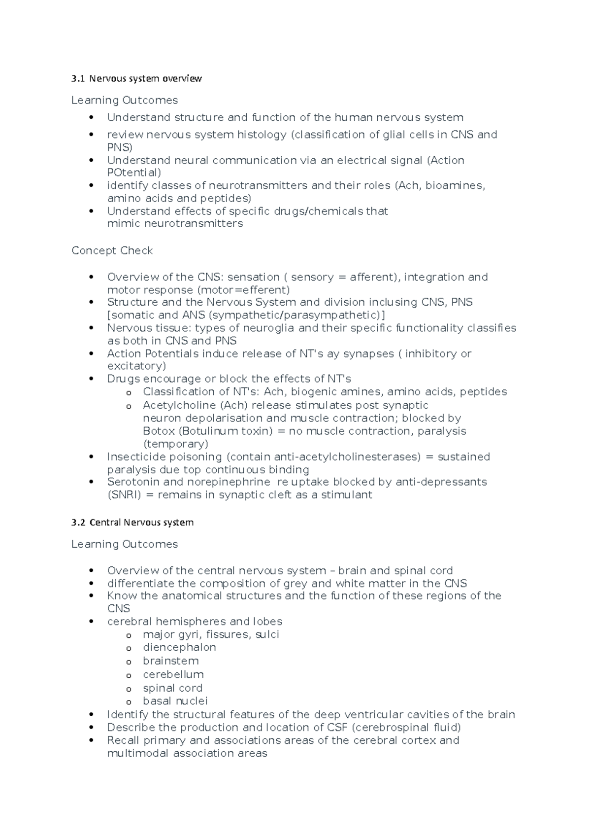 T1 Content - .n,l - 3 Nervous System Overview Learning Outcomes 