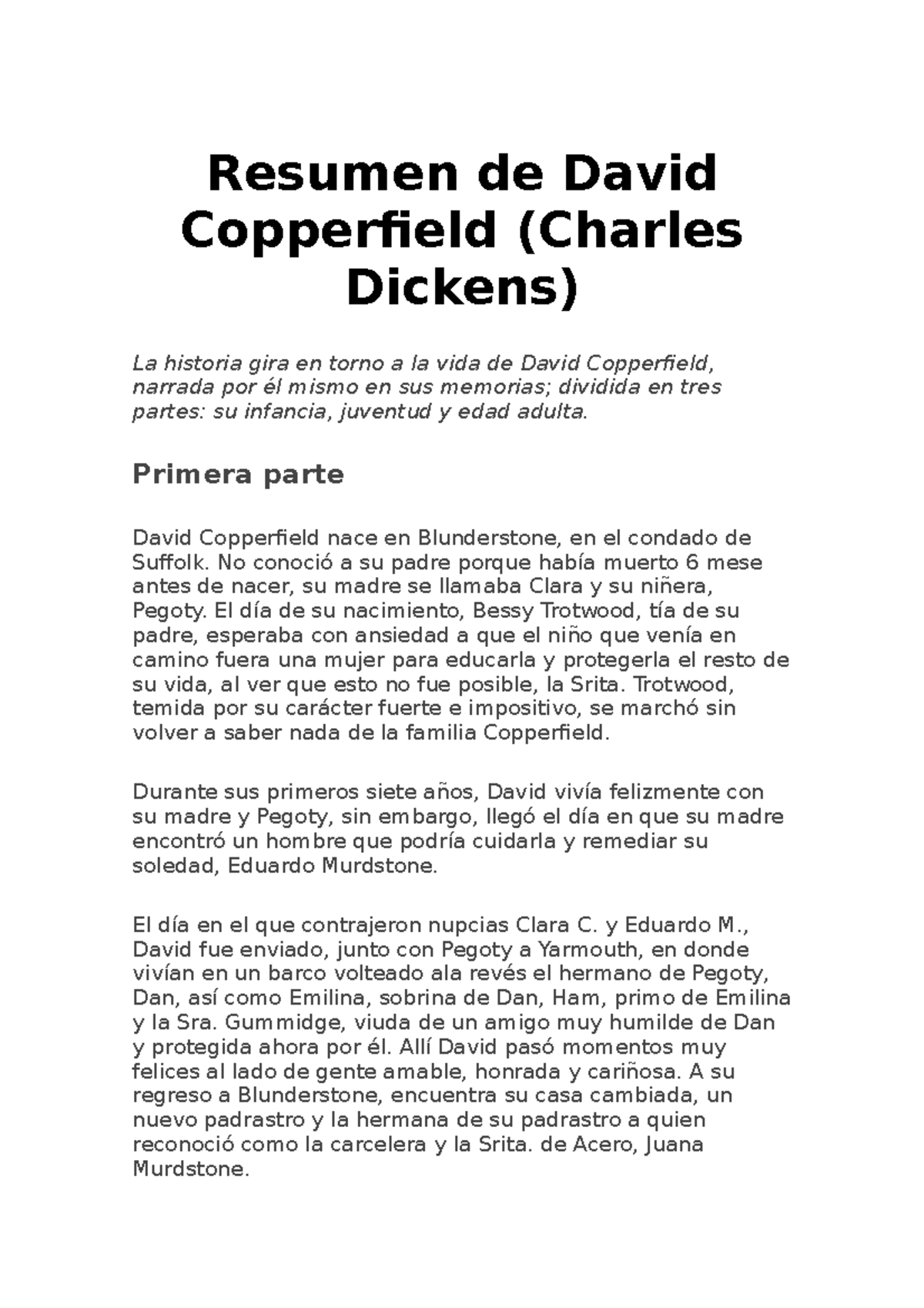 Resumen de David Copperfield Resumen de David Copperfield (Charles