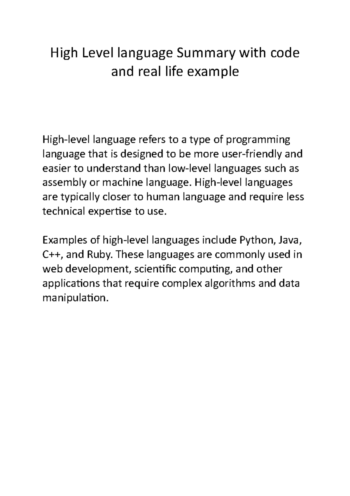 High Level language Summary with code and real life example - High ...