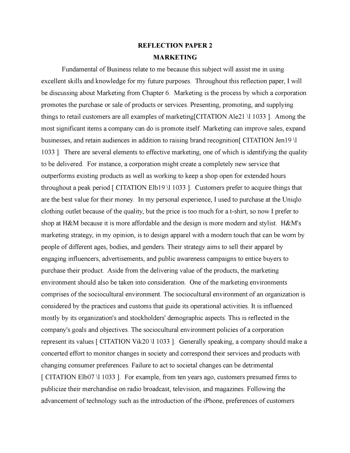 marketing management reflection essay