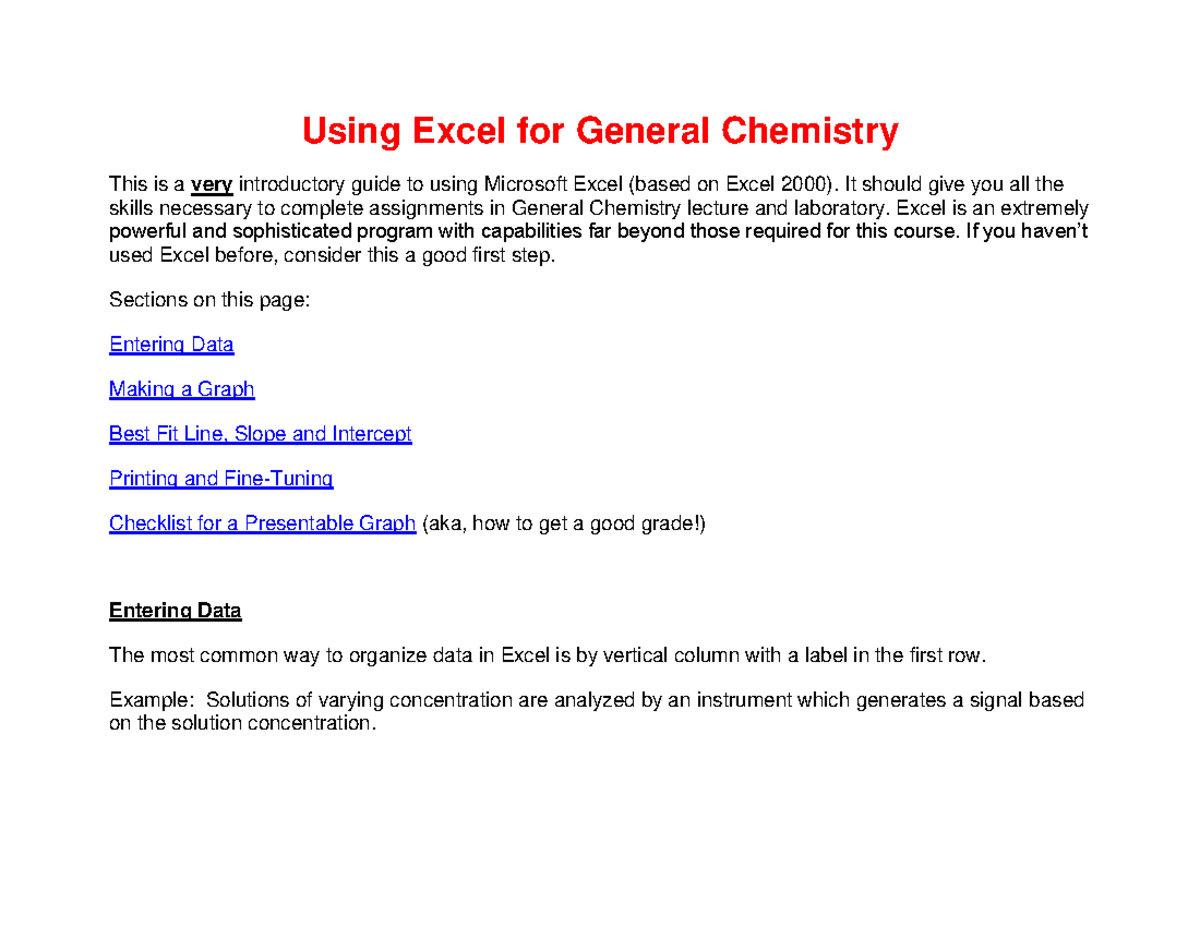 Using Excel for Chemistry - Using Excel for General Chemistry This is a ...