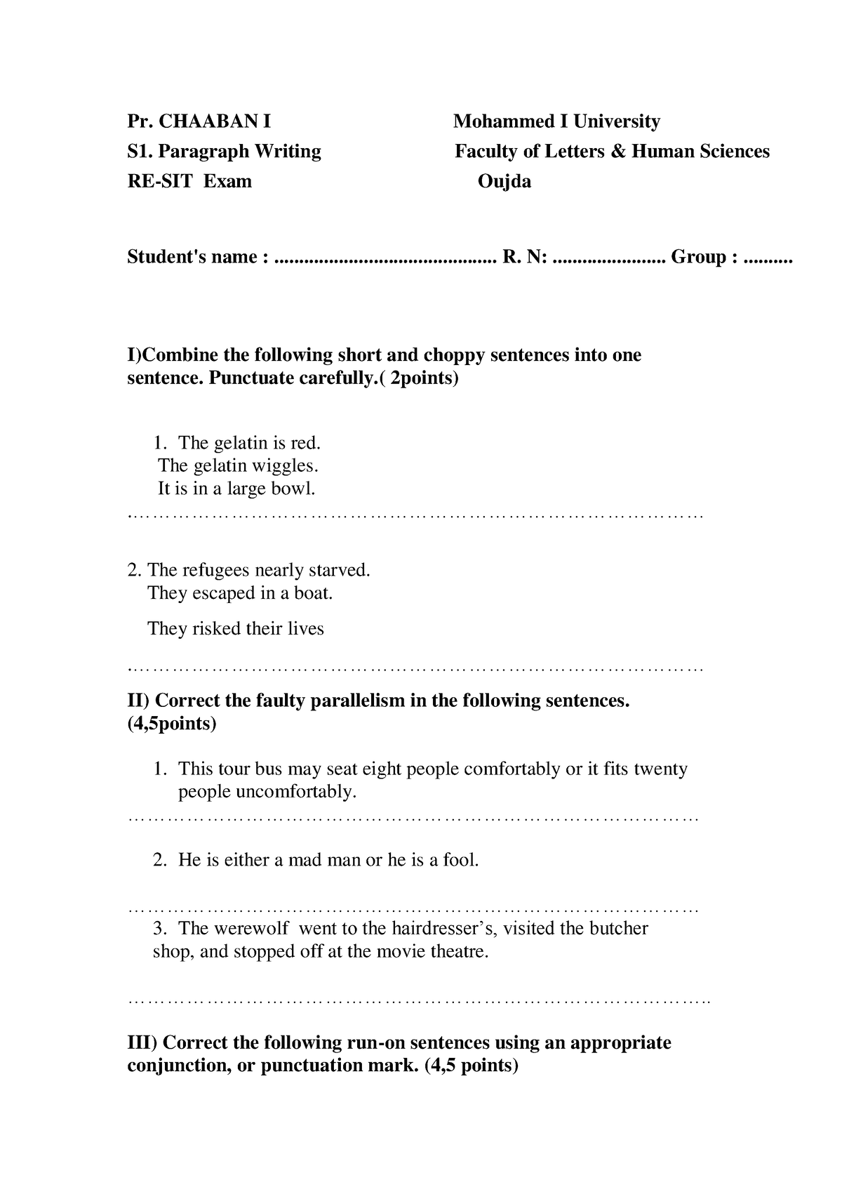 Corrected exams - Pr. CHAABAN I Mohammed I University S1. Paragraph ...