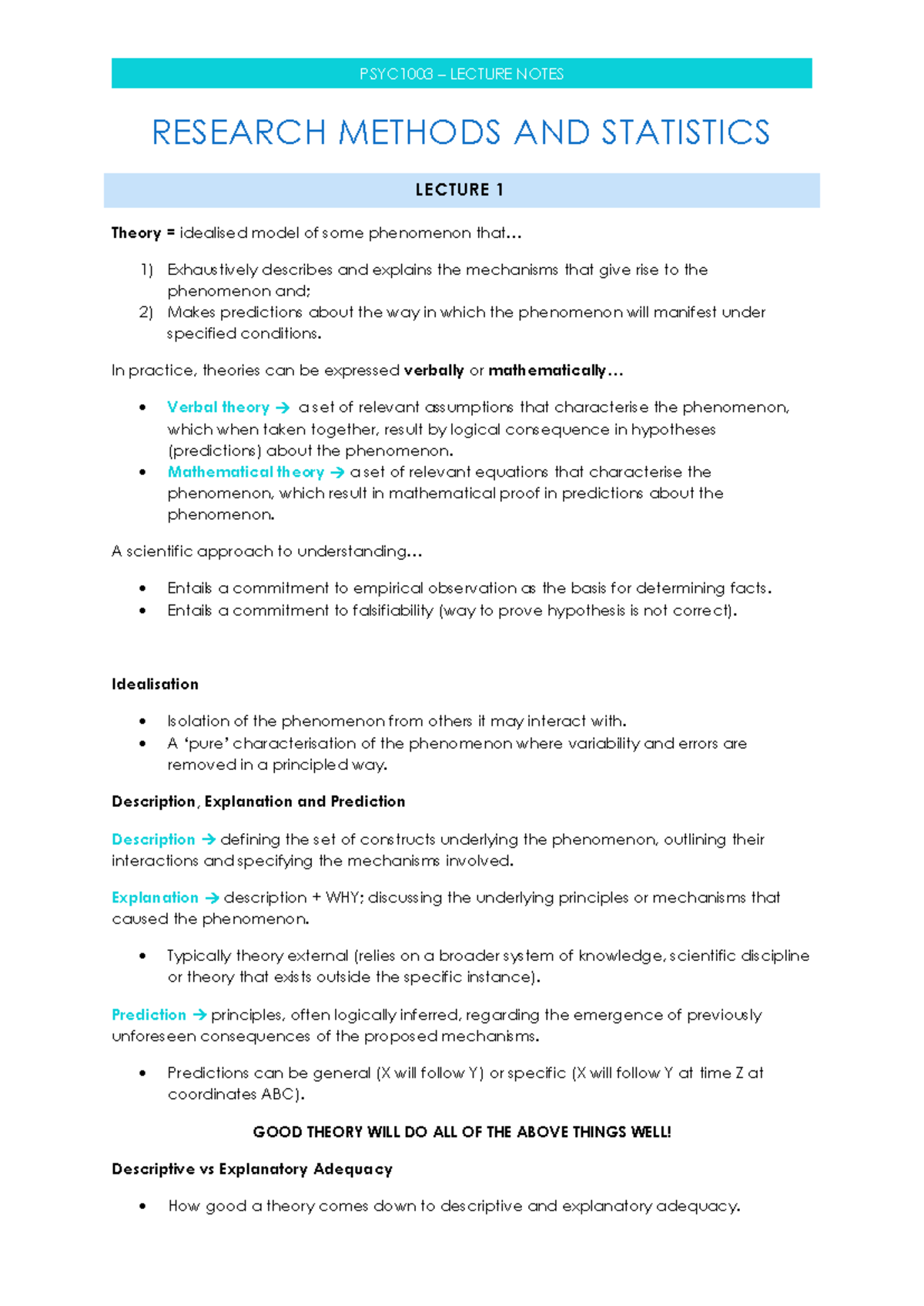 PSYC1003 - Lecture Notes - RESEARCH METHODS AND STATISTICS LECTURE 1 ...