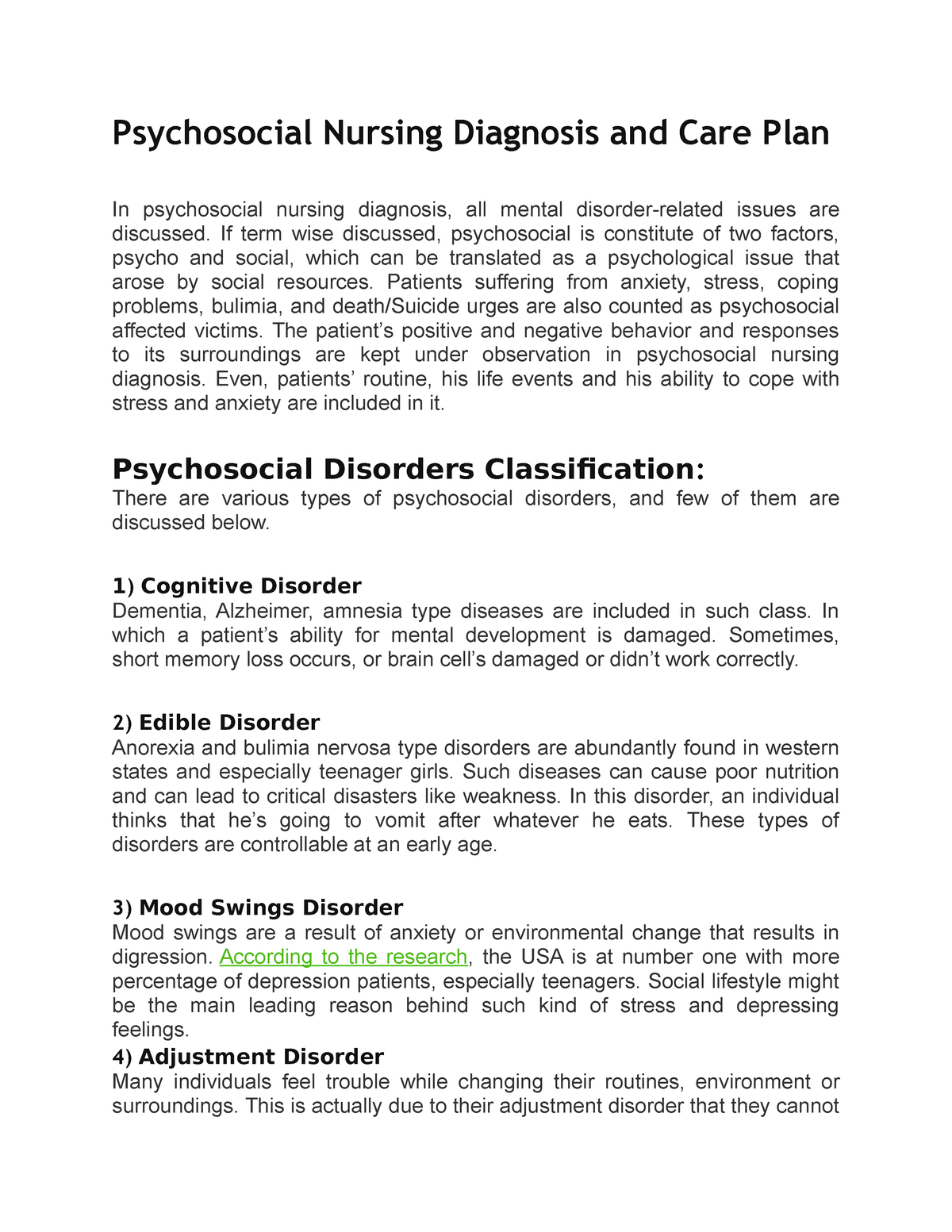 Psychosocial Nursing Diagnosis And Care Plana If Term Wise Discussed Psychosocial Is 8563