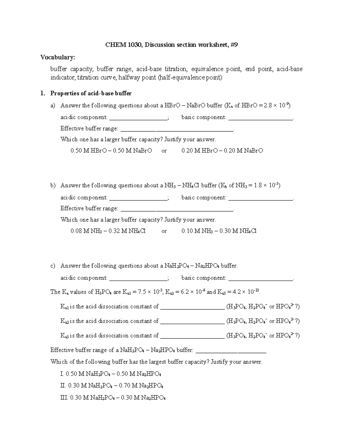 Discussion section worksheet 09 - Properties of acid-base buffer a ...