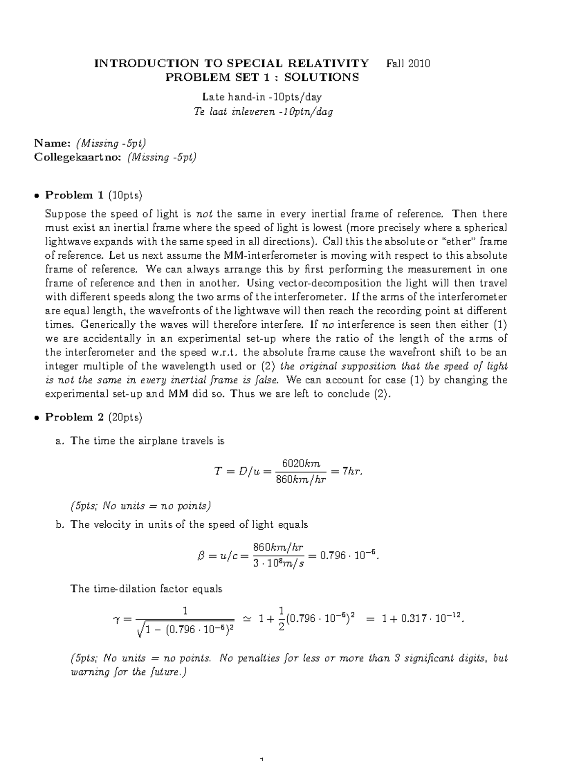 Specrel-prob1-sol - INTRODUCTION TO SPECIAL RELATIVITY PROBLEM SET 1 ...