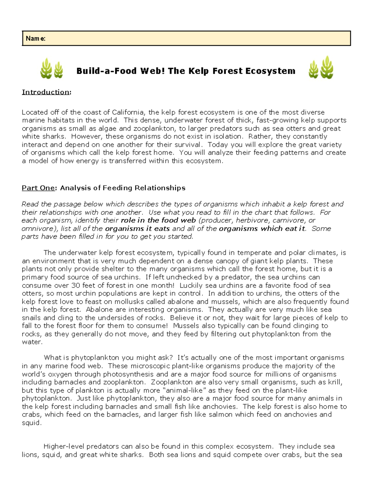 Build-a-Food Web Lab - Very Good - Name: Build-a-Food Web! The Kelp ...