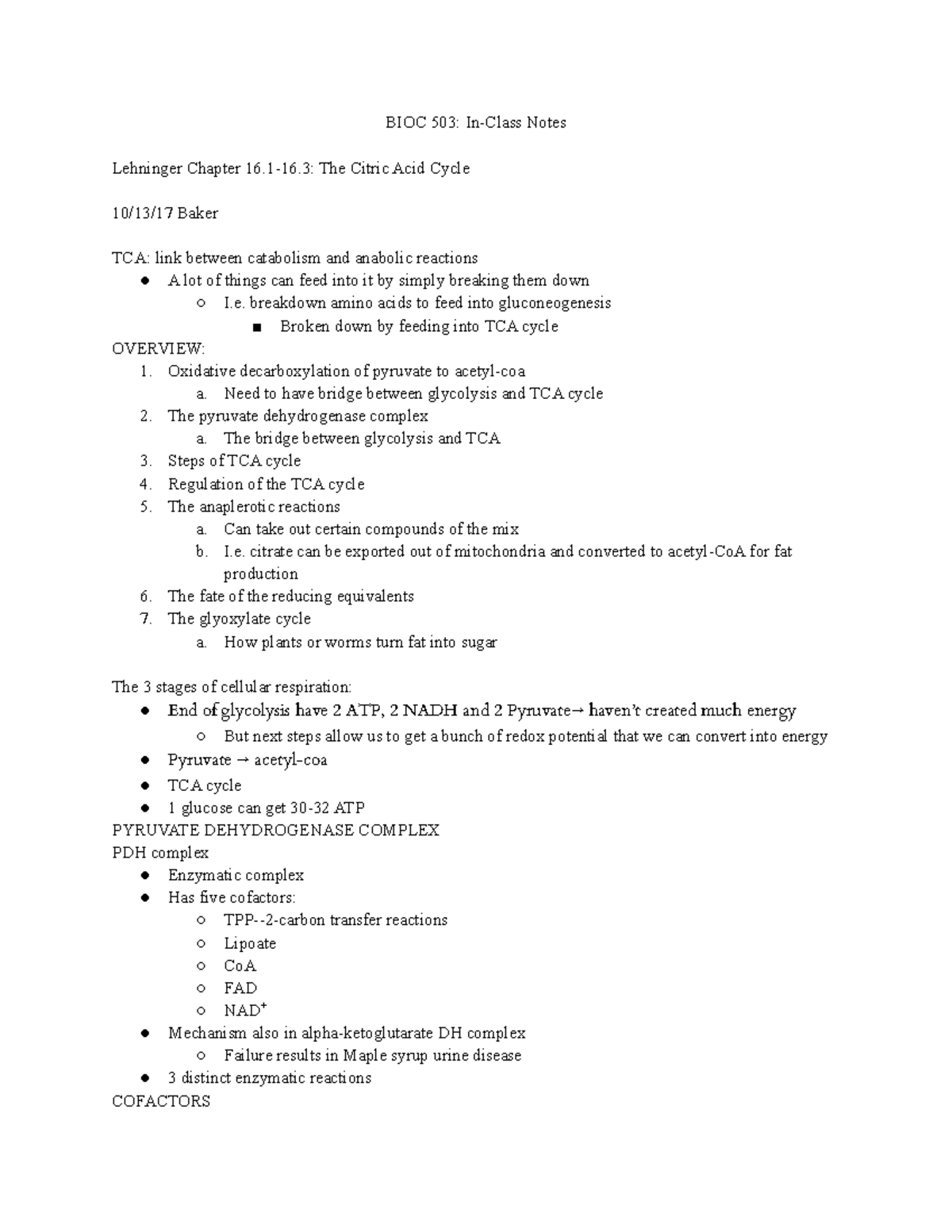 L6 The Citric Acid Cycle - BIOC 503: In-Class Notes Lehninger Chapter ...