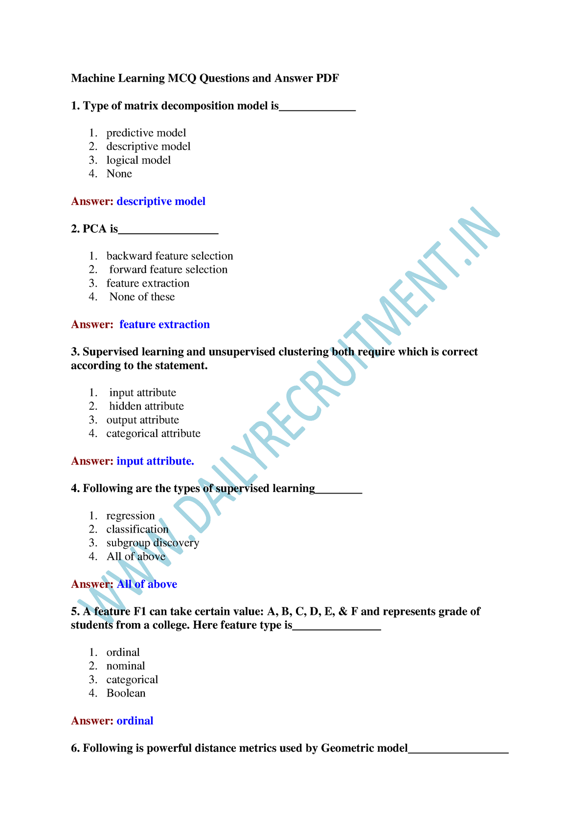 Machine Learning MCQ Questions And Answer PDF - Input Attribute Hidden ...