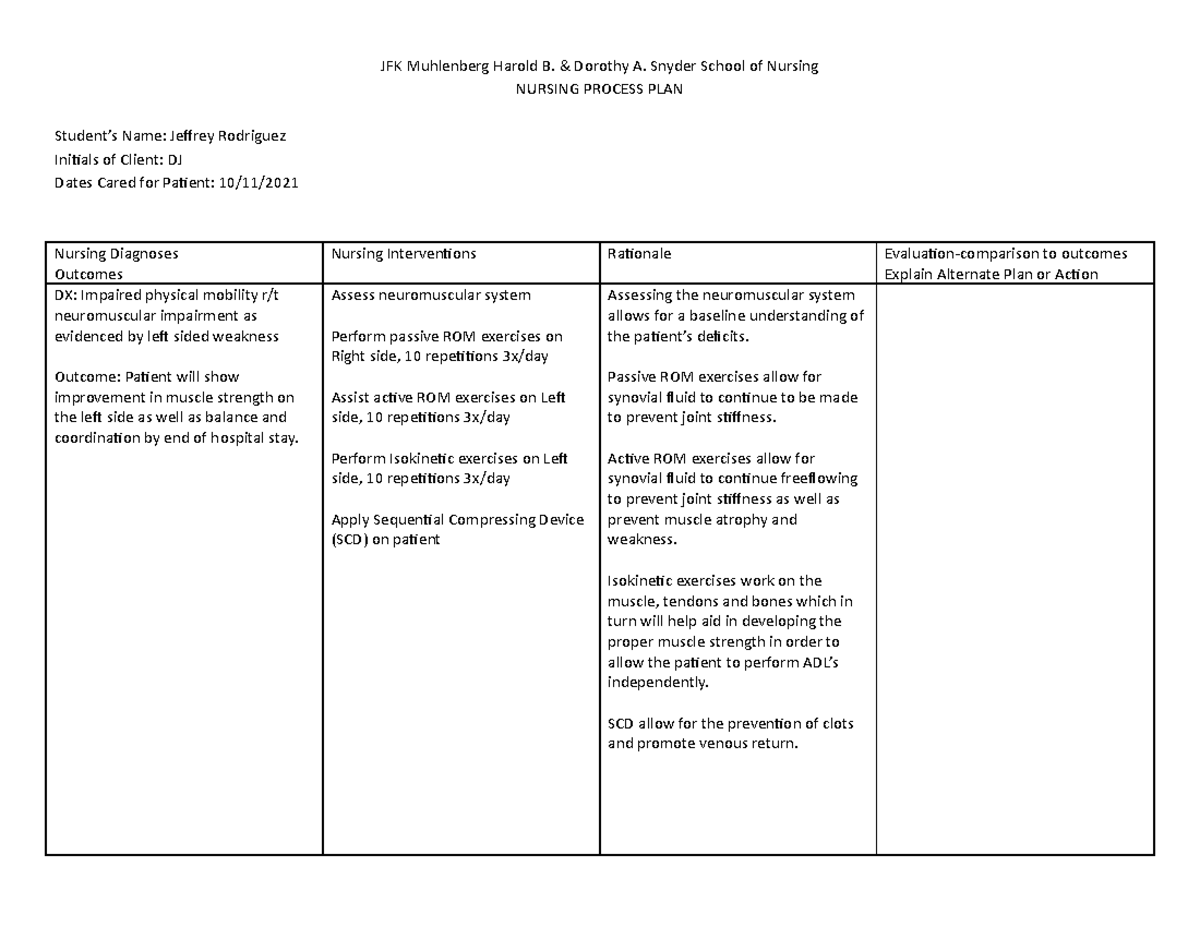 Activity Care Plan - Care Plan - NURM 121-095 - Studocu